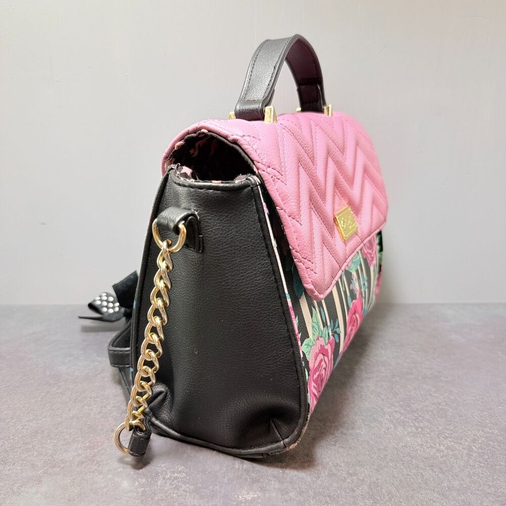 Love Betsey by Betsey Johnson Floral Stripe Crossbody Satchel Pink Chevon Handle - Picture 2 of 12
